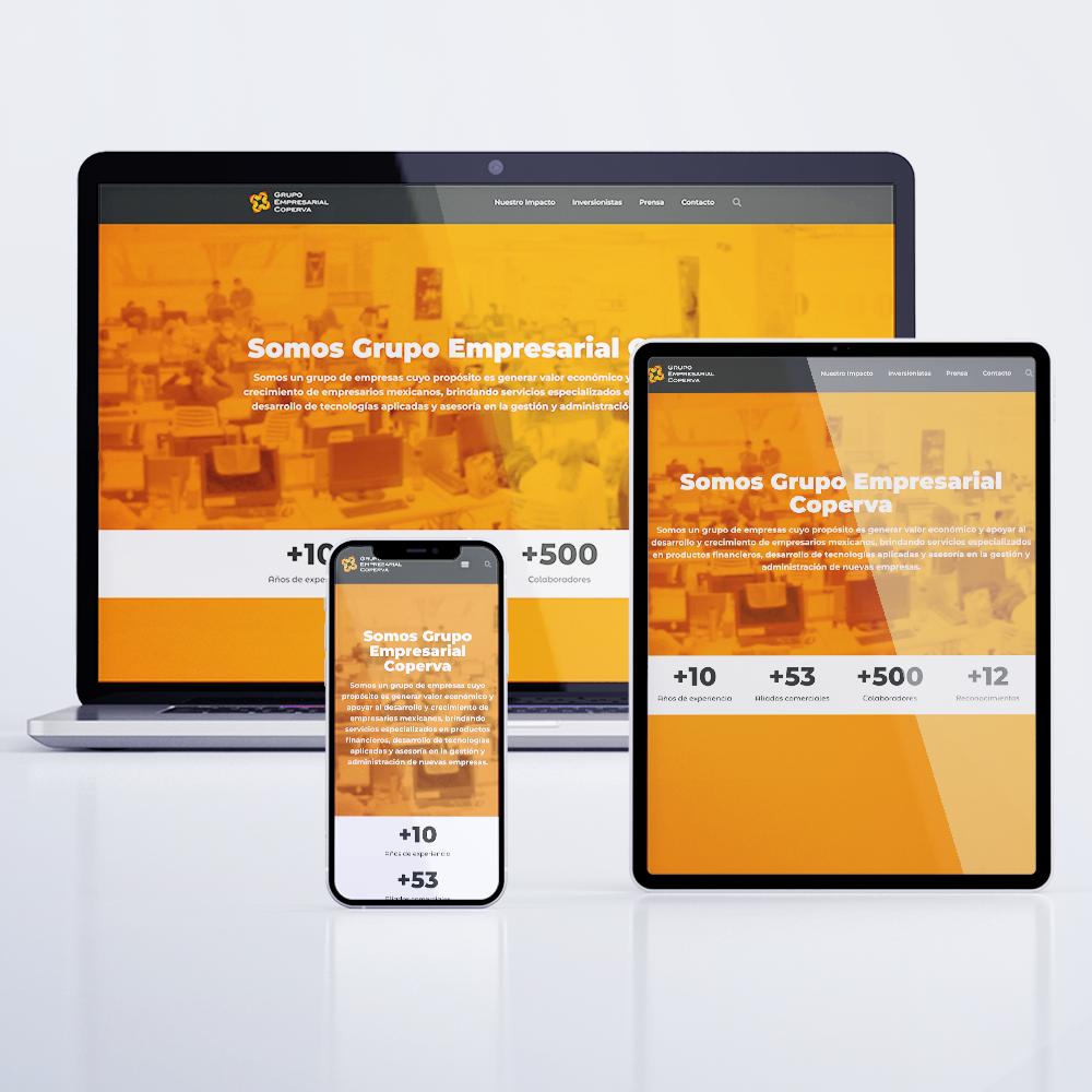 Dispositivos electronicos mostrando la página web del grupo empresarial coperva